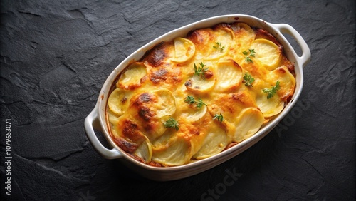 Creamy dauphinoise potato gratin on black background photo