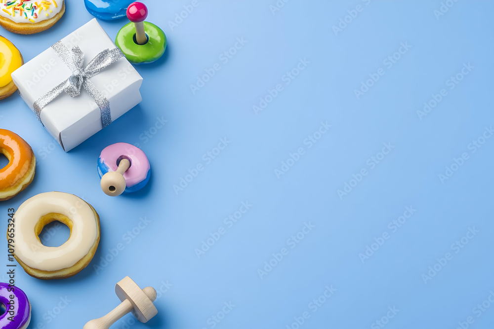 Colorful donuts and a gift box on a blue background, suggesting celebration or delight. Colorful donuts and a gift box on a blue background, suggesting celebration or delight.