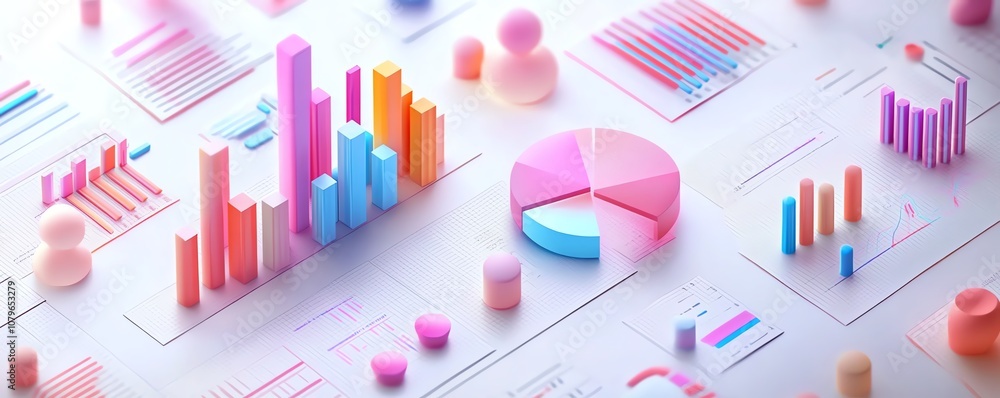 Pastelcolored 3D graphs and pie charts, illustrating dynamic data visualization with soft, playful shadows on a white surface, showcasing modern data trends Pastelcolored 3D graphs and pie charts, illustrating dynamic data visualization with soft, playful shadows on a white surface, showcasing modern data trends