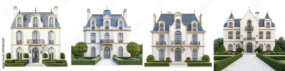 Obraz premium Magnificent French Style Chateau with Ornate Architectural Details and Lush Landscaped Gardens Impressive exterior of an elegant and historic mansion set in a beautifully manicured estate