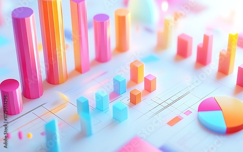 Pastelcolored 3D graphs and pie charts, casting vibrant shadows on a white surface, illustrating dynamic data trends and modern data visualization techniques