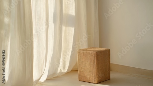 Minimalist Storage Unit with Floor-Length Curtains in Soft Natural Light, Perfect for Contemporary Home Decor and Interior Design Inspiration