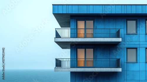 Modern blue building with balconies overlooking the ocean.