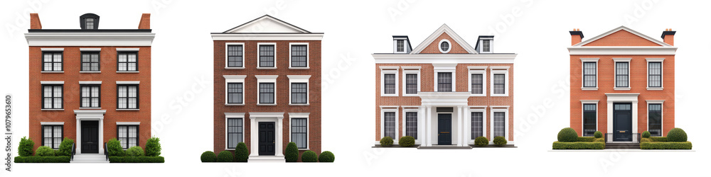 Fototapeta premium A row of beautifully preserved historic townhouses with intricate architectural details and facades lining a quaint tree lined urban street in a charming and picturesque neighborhood