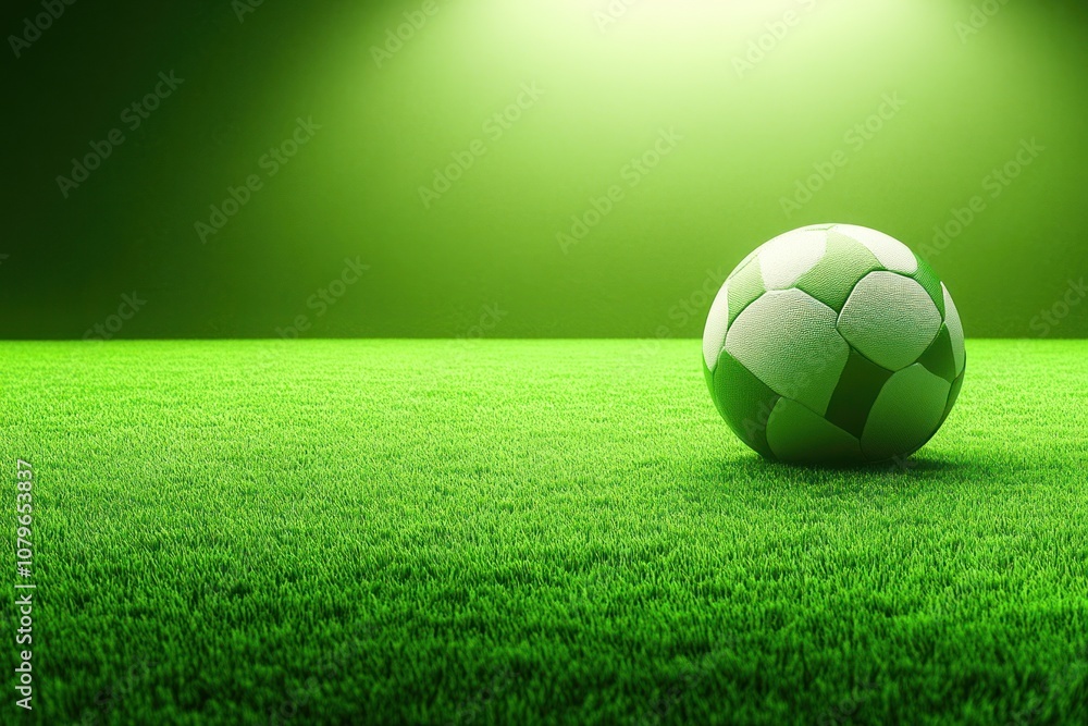 Fototapeta premium A single soccer ball sits on a green field under a spotlight.