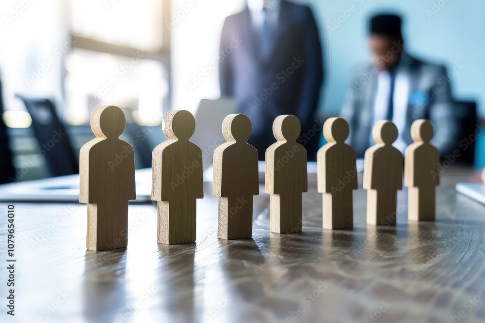 Wooden figures representing teamwork and collaboration in a business environment with professionals in the background during a meeting or discussion. Wooden figures representing teamwork and collaboration in a business environment with professionals in the background during a meeting or discussion.