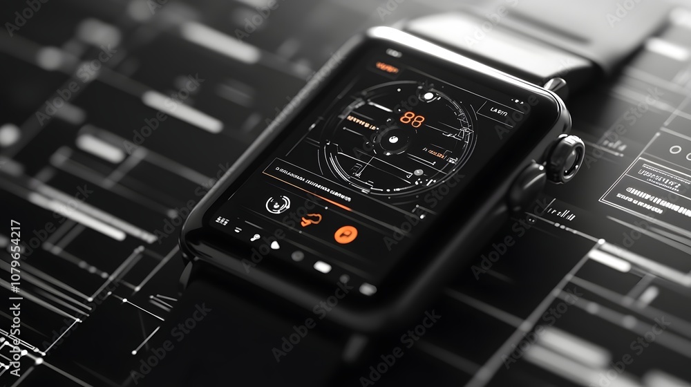 Obraz premium A sleek and futuristic smartwatch interface design with clean lines, minimalistic icons, and a monochrome color palette for a high-tech aesthetic.