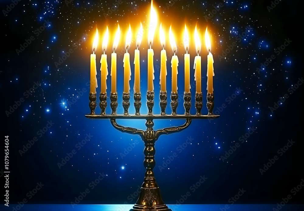A menorah with lit candles against a starry background. A menorah with lit candles against a starry background.
