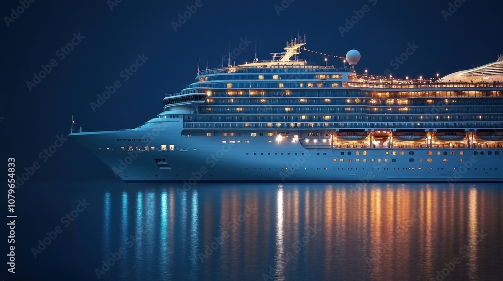 Fototapeta premium A cruise ship illuminated at night, reflecting on calm waters.