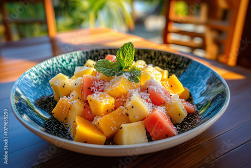 A tropical fruit salad, vibrant mango, juicy pineapple, sweet papaya, creamy coconut, fresh mint garnish, bright daylight, on a sunlit outdoor patio