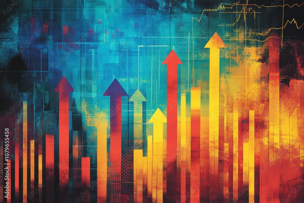 An abstract representation of economic growth with arrows, graphs, and charts in vibrant colors, symbolizing positive trends, financial prosperity, and upward movement in the economic sector. An abstract representation of economic growth with arrows, graphs, and charts in vibrant colors, symbolizing positive trends, financial prosperity, and upward movement in the economic sector.