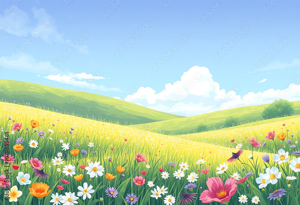 Fototapeta premium spring flower meadow and bird landscape with copy space