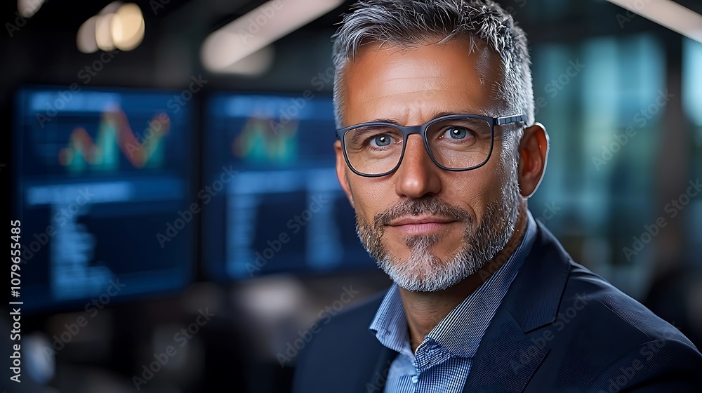 Fototapeta premium Confident and intelligent looking mature businessman wearing a suit and glasses gazing thoughtfully at the with a serious expression in an indoor office or corporate environment