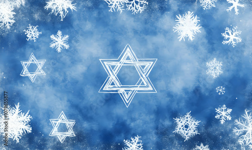 A blue background featuring snowflakes and Star of David symbols, evoking a winter theme. photo