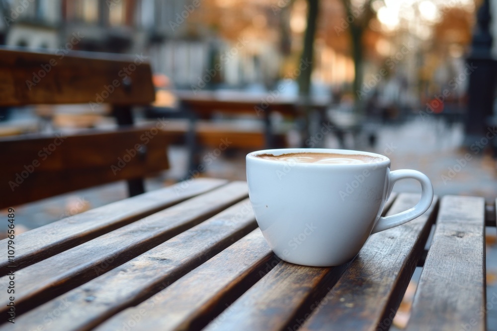 A cup of coffee on a wooden table with an autumnal background. A cup of coffee on a wooden table with an autumnal background.