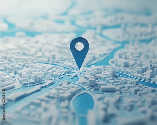 Closeup of blue map with pin on wide white background with mockup place, locator and GPS concept, 3D rendering photo