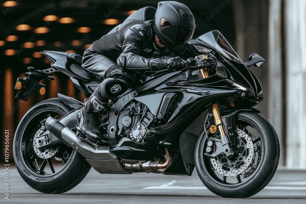 A motorcyclist in full gear leans into a turn on a black sportbike.