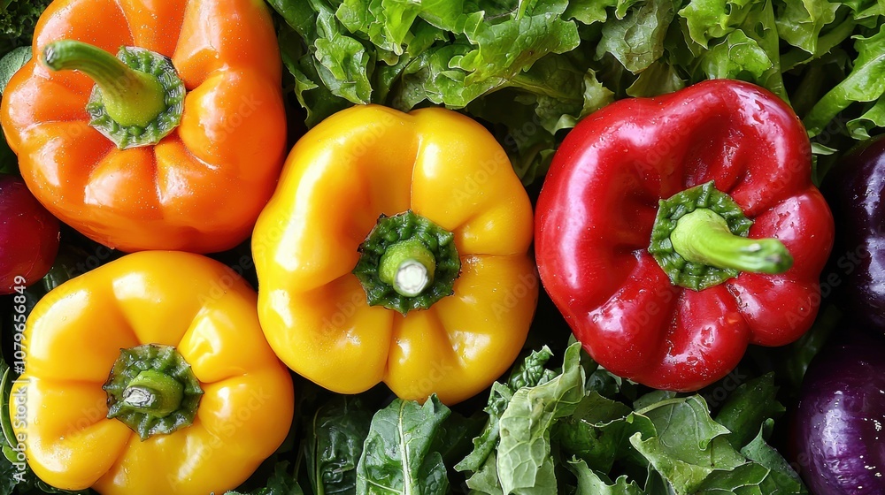 Vibrant Bell Peppers on Fresh Green Lettuce Background Vibrant Bell Peppers on Fresh Green Lettuce Background