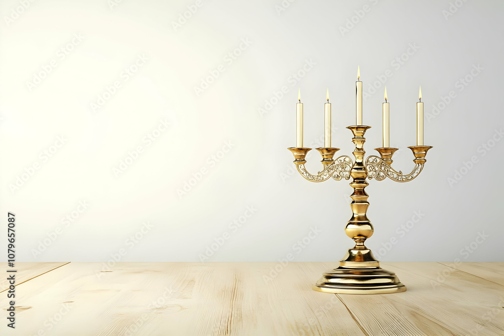 A decorative golden candelabrum with candles on a wooden table against a light background. A decorative golden candelabrum with candles on a wooden table against a light background.