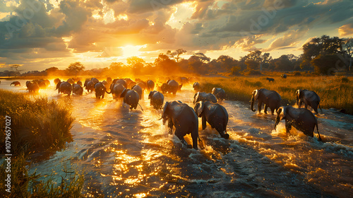 Wallpaper Mural Elephants Crossing River at Sunset Torontodigital.ca