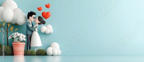 Loving Couple Embracing with Heart Shapes in Romantic Scenery  Two people in a close intimate embrace surrounded by heart shaped objects conveying the concept of deep love affection and romance