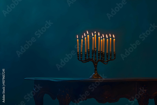 A menorah with lit candles on a table, symbolizing celebration and tradition. photo