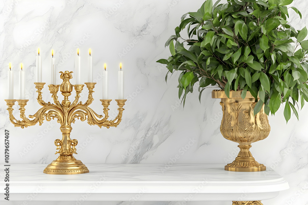Elegant decor featuring a gold candelabra and a decorative plant on a marble surface. Elegant decor featuring a gold candelabra and a decorative plant on a marble surface.