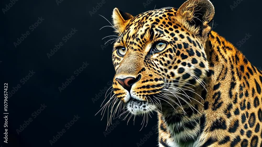 A close-up of a leopard's face against a dark background, showcasing its striking features. A close-up of a leopard's face against a dark background, showcasing its striking features.