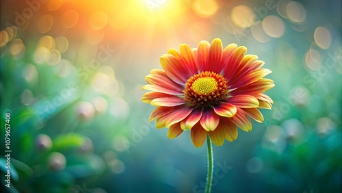 A single vibrant red and yellow flower with a soft focus green and yellow bokeh background