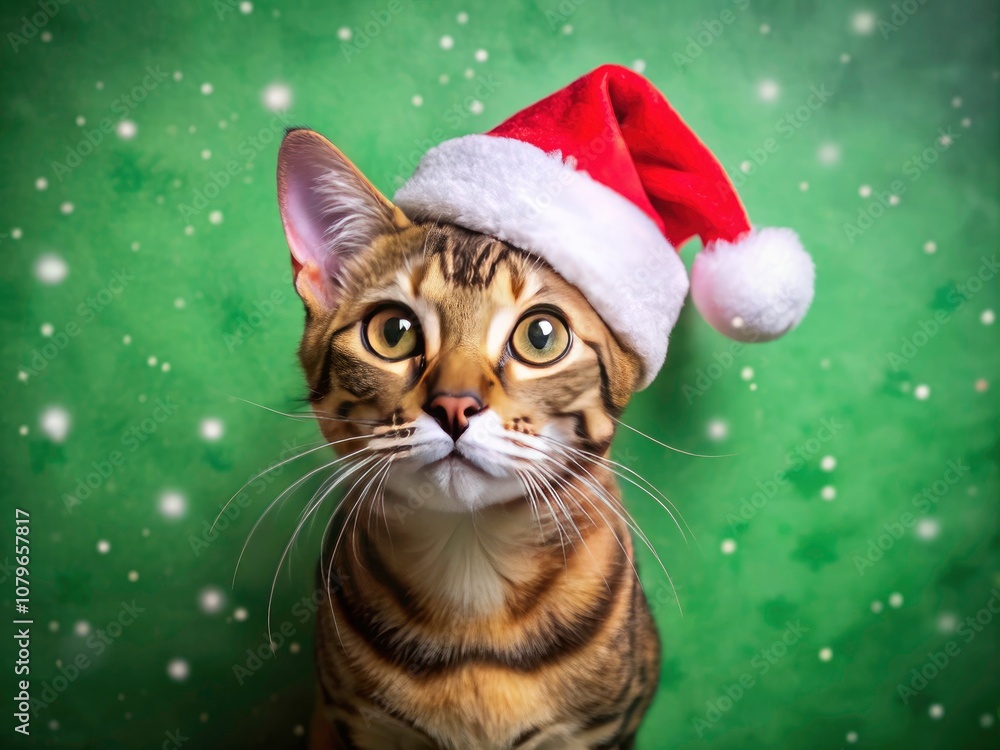 Adorable Ocicat in Santa Hat on Green Background - Christmas Cat Photography, Festive Pet Portraits, Holiday Spirit, Cute Cat Images, Feline Holiday Cheer, Seasonal Cat Photos Adorable Ocicat in Santa Hat on Green Background - Christmas Cat Photography, Festive Pet Portraits, Holiday Spirit, Cute Cat Images, Feline Holiday Cheer, Seasonal Cat Photos