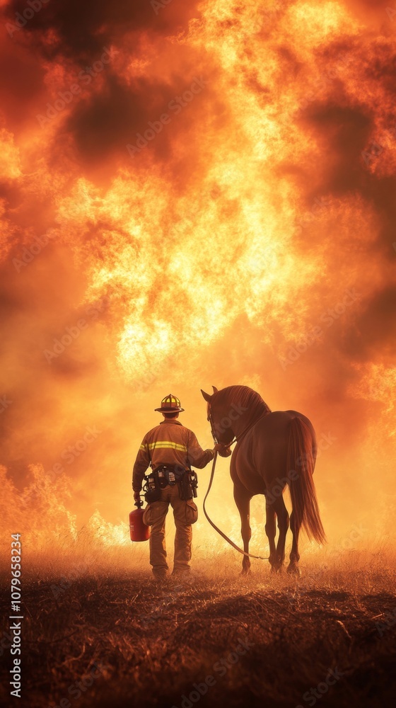 Fototapeta premium Firefighter and Horse Facing Blaze.