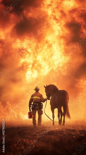 Firefighter and Horse Facing Blaze.