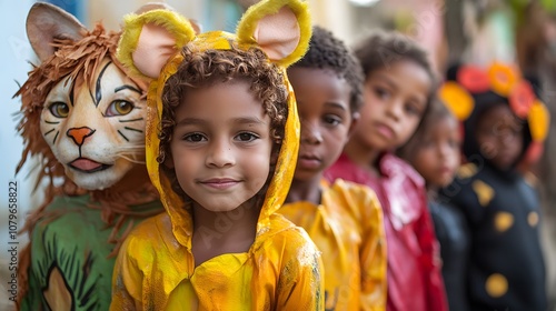 Smiling children, dressed in costumes, play together in the park with their families