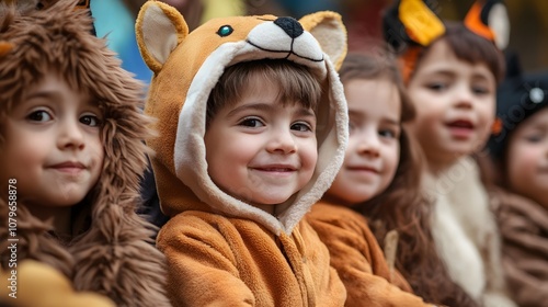 Smiling children, dressed in animal costumes