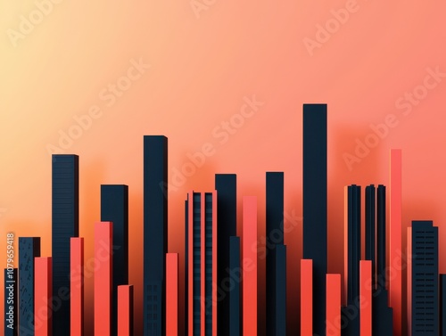 Economic Growth and Climate Change concept. Abstract skyline featuring tall, dark structures against a vibrant orange background, creating a striking visual contrast.