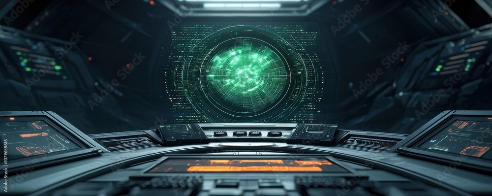 Fototapeta premium Economic Growth and Climate Change concept. A futuristic spacecraft cockpit with high-tech displays and a green glowing portal, suggesting space travel or advanced technology.