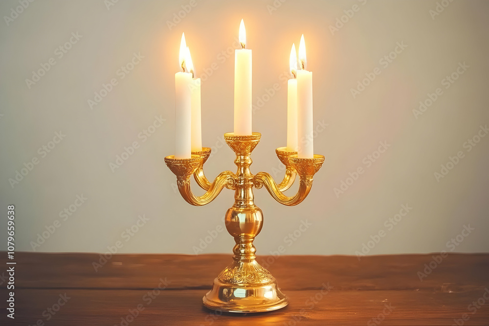 A golden candelabra holding four lit candles, creating a warm and inviting atmosphere. A golden candelabra holding four lit candles, creating a warm and inviting atmosphere.