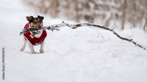 A portrait of a very funny running jack russell terrier in a red vest running along a snowy road with a giant branch in his teeth in winter