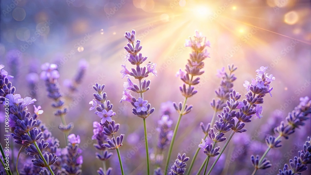 Naklejka premium A close-up view of vibrant purple lavender flowers bathed in warm sunlight, the delicate petals shimmering with a soft glow.