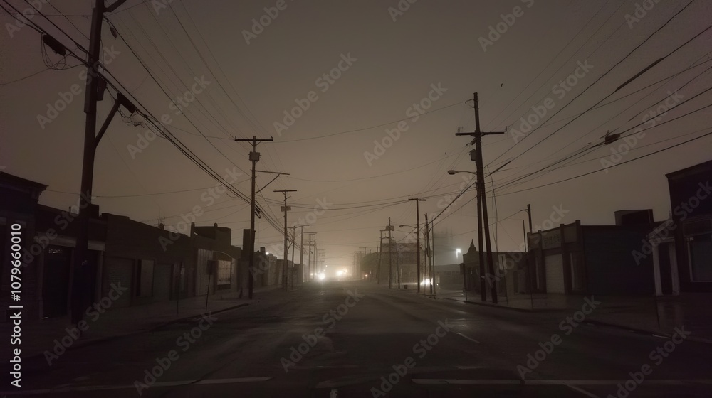 Dark, empty urban street at night with faint city lights through fog, streetlights off, occasional distant car alarm, eerie atmosphere highlighting sudden power loss in bustling city. Dark, empty urban street at night with faint city lights through fog, streetlights off, occasional distant car alarm, eerie atmosphere highlighting sudden power loss in bustling city.
