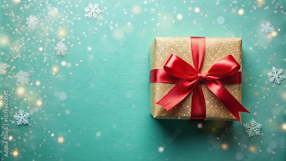 A single wrapped gift box with a red satin bow sits on a green background with snowflake confetti and sparkling lights. A single wrapped gift box with a red satin bow sits on a green background with snowflake confetti and sparkling lights.