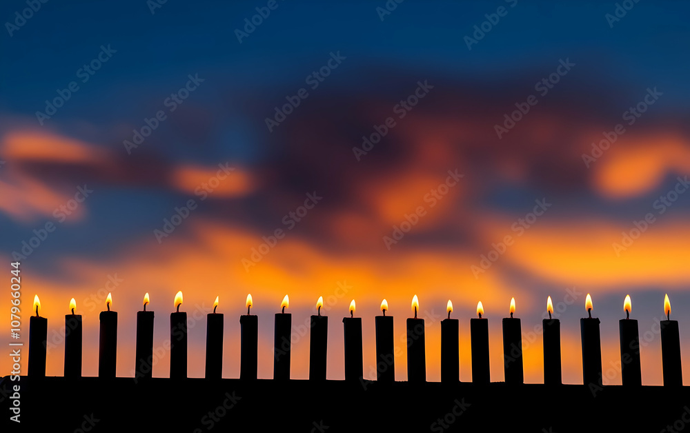 A row of lit candles against a colorful sunset sky, symbolizing peace and reflection. A row of lit candles against a colorful sunset sky, symbolizing peace and reflection.