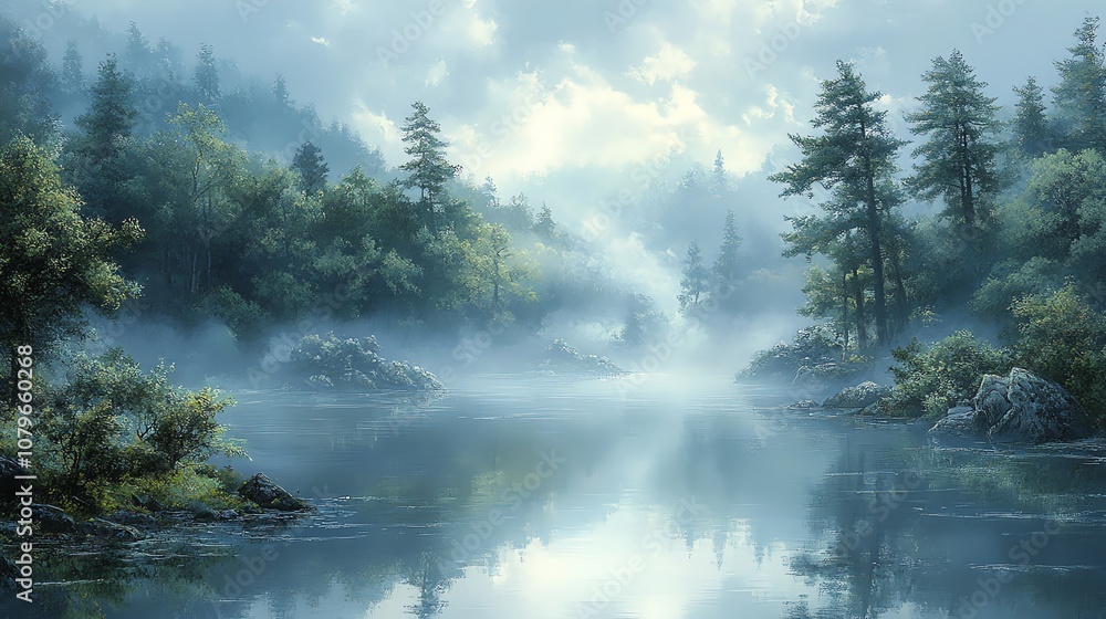 A misty morning in the forest, with sunlight breaking through the clouds and reflecting on the still water. A misty morning in the forest, with sunlight breaking through the clouds and reflecting on the still water.