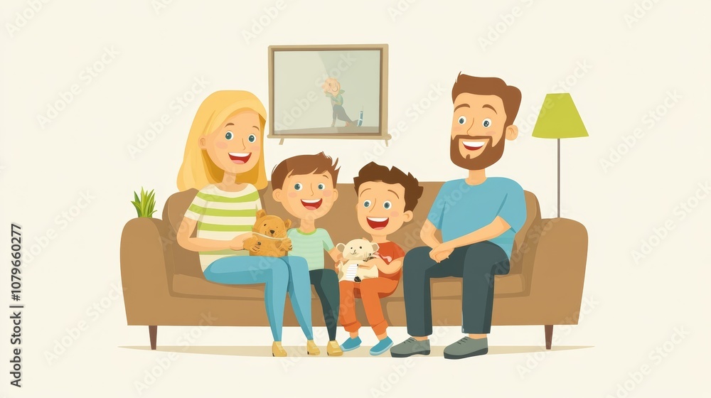 Smiling Caucasian family sitting on the couch and watching a comedy on the TV Smiling Caucasian family sitting on the couch and watching a comedy on the TV
