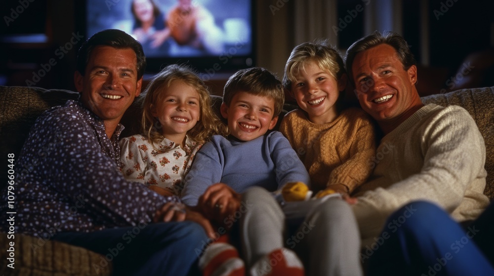 Smiling Caucasian family sitting on the couch and watching a comedy on the TV Smiling Caucasian family sitting on the couch and watching a comedy on the TV