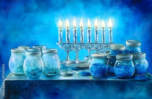 A serene display of blue jars and a menorah with lit candles against a blue background. photo