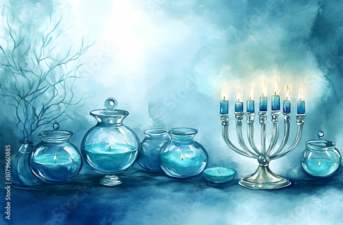 A serene arrangement of blue-themed glass containers and a silver menorah with candles. photo