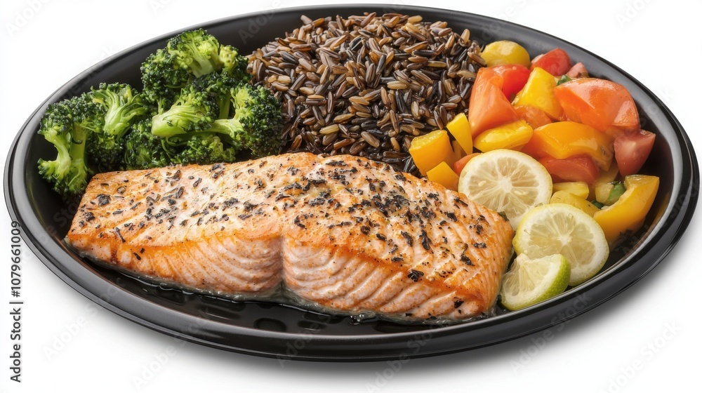 Grilled Salmon with Fresh Vegetables and Rice Dish Grilled Salmon with Fresh Vegetables and Rice Dish