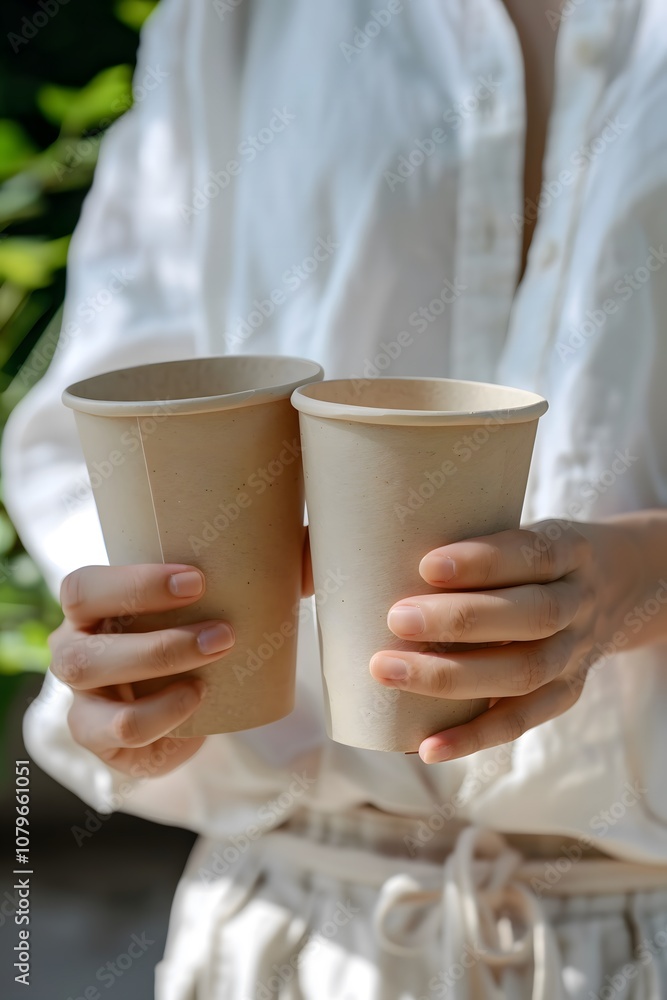 A person holding two brown paper coffee cups mock up A person holding two brown paper coffee cups mock up