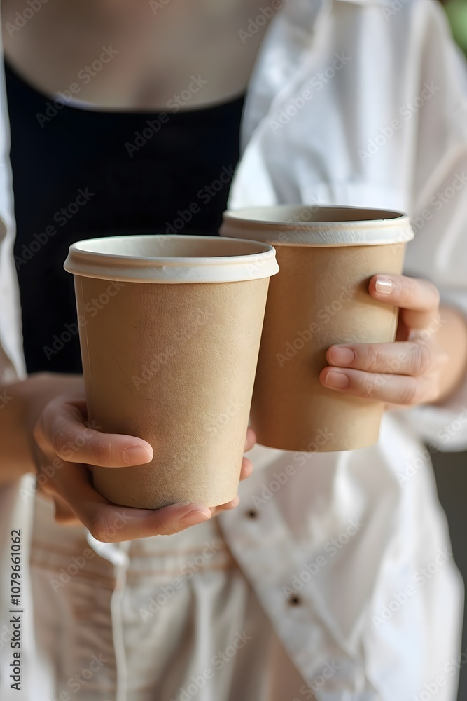 A person holding two brown paper coffee cups mock up A person holding two brown paper coffee cups mock up